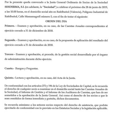 Convocatoria de Junta General Ordinaria de Sesderma S.L.
